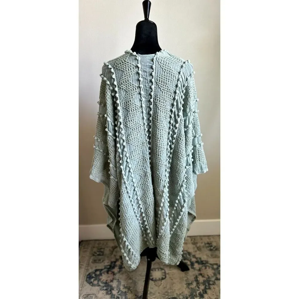 SAACHI Textured Pom Pom Kimono Wrap in Sage Green One Size